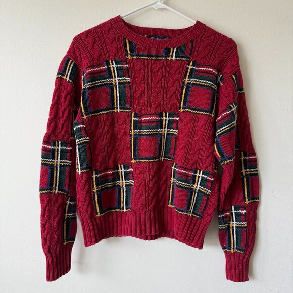 Vintage Faconnable Red 100% Cotton Cable Knit Tartan Sweater Fall/Winter - XS - Picture 1 of 3